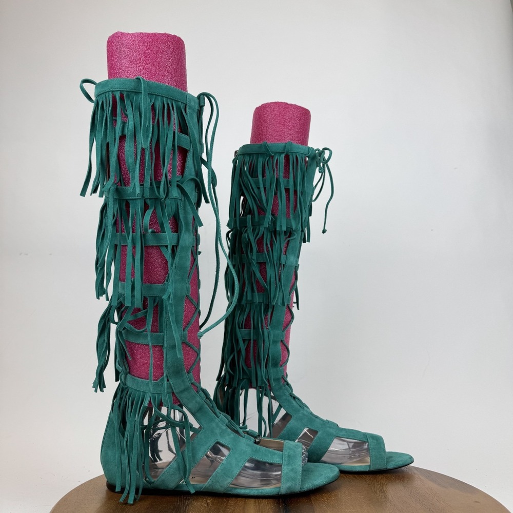 New Womens Longchamp Ghillie Lace‎ Tassel Teal Tall Gladiator Sandals Size EU 40